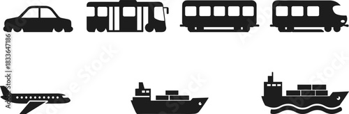 Transport Icons Set, Car Bus Train Plane Ship Vector, Travel Symbols, Transportation Silhouettes, Public Transit Clipart Pack