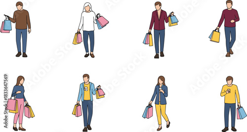 Diverse shoppers holding colorful shopping bags, fashion styles, consumer behavior, retail illustration, shopping concept, modern buyers, marketing visual