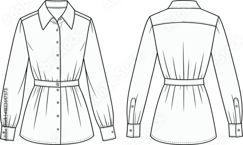 Women button up shirt flat sketch, long sleeve blouse technical drawing, garment design template, apparel vector illustration, clothing construction detail waistband