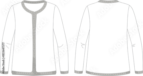 Women cardigan fashion flat sketch, long sleeve clothing design, front and back view, technical CAD drawing, vector illustration, apparel template
