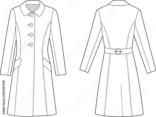 Women coat flat sketch, long sleeve outerwear fashion technical drawing, garment design template, apparel vector illustration, clothing construction detail, button closure