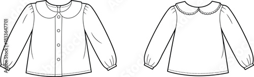 Women’s blouse fashion flat sketch, technical garment illustration with peter pan collar, button closure, gathered sleeves, front and back view, CAD drawing flat vector illustration