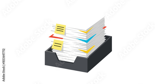 Office inbox tray overflowing with a large stack of paperwork, documents, and sticky notes, representing a heavy workload.