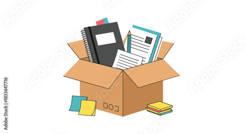 Open cardboard box filled with various office supplies and documents, symbolizing moving offices or organizing for a new job.