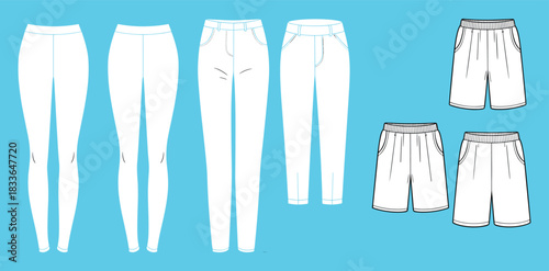 Women’s Bottoms Flat Sketch Pack – Leggings, Jeans, Trousers & Shorts Technical Drawing | Fashion CAD for Apparel Designers