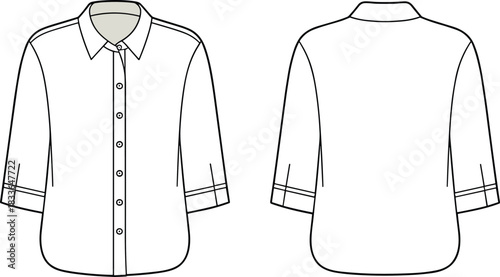 Women’s button up shirt flat sketch, fashion technical drawing, apparel design vector, three quarter sleeve blouse, cad drawing flat vector illustration