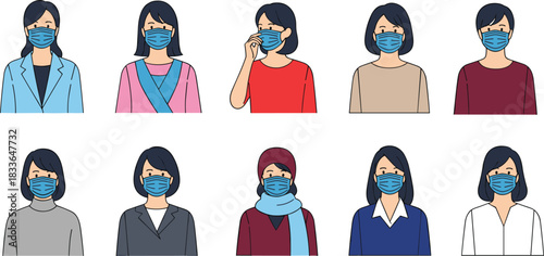 Face, mask, cartoon, people, illustration, health, safety, protection, diverse, characters, pandemic, hygiene, medical, outfit, hairstyle, awareness, public, precaution, blue, surgical