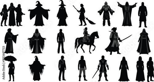 Fantasy character silhouettes, wizards, warriors, knights, medieval figures, magical beings, weapon poses, role archetypes, storytelling illustration, concept art
