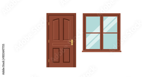 Classic brown wooden interior door with a handle and a matching four-pane window, isolated on a white background.