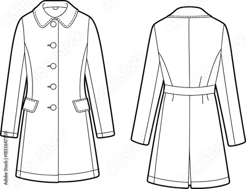 Women’s coat technical flat sketch, fashion outerwear design template, stylish garment illustration, clothing pattern drawing, tailored apparel design, cad drawing flat vector illustration