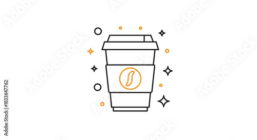 Minimalist line art icon of a takeaway coffee cup with a coffee bean logo, decorated with magical sparkles and circles.