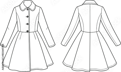 Women’s coat technical flat sketch, front and back view, flared design, fashion CAD drawing, tailored outerwear, vector apparel template illustration