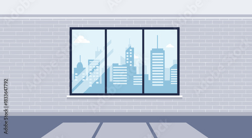 Large panoramic window in a modern loft or office reflecting the city skyline, viewed from inside an empty, spacious room.