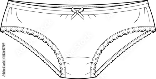 Women’s lace trim panties technical sketch, front view, fashion flat drawing, CAD vector illustration, garment design, apparel template