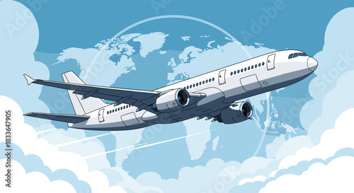 Passenger airplane flying high in the blue sky through the clouds, with a silhouette of the world map in the background.