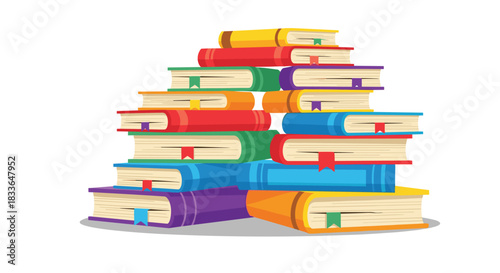Large stack of colorful hardcover books with bookmarks, representing knowledge, education, and a love for reading and literature.