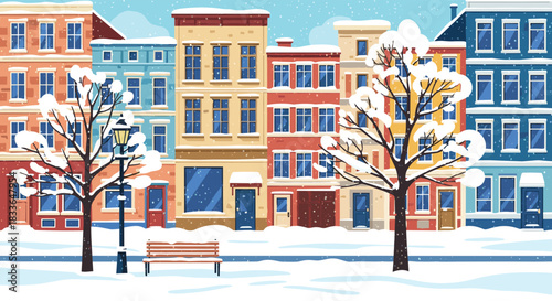 Charming city street scene in winter with colorful buildings, bare trees, and a park bench all covered in fresh white snow.