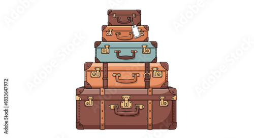 Pyramid stack of vintage-style suitcases and travel trunks in various sizes, isolated on a clean white background.