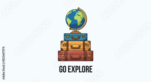 Travel concept illustration with a globe on top of a stack of vintage suitcases and the inspirational text 'Go Explore'.