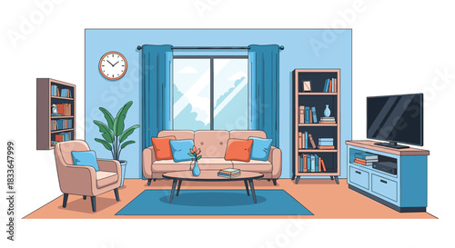 Cozy and modern living room interior with a comfortable sofa, armchair, bookshelves, and a large window with blue curtains.