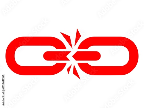 Red broken chain link symbol isolated on white background