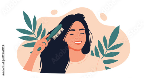 Beautiful smiling young woman with long dark hair brushing it gently, surrounded by abstract leaves for a natural feel.
