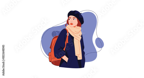 Stylish female traveler wearing a beret and scarf, carrying a backpack and looking thoughtfully into the distance.