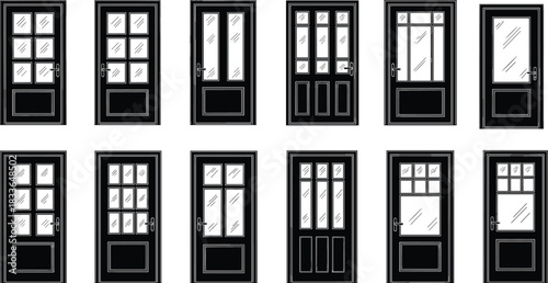 Modern door design collection, glass panel variations, architectural styles, black and white illustration, entryway comparison, home decor reference