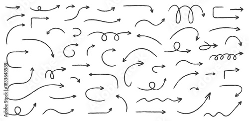 Collection of hand drawn chalk sketched arrows featuring different shapes, curves, swirls, and directions