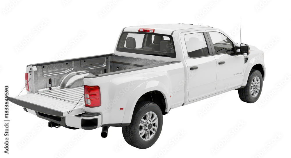 Fototapeta premium White Pickup Truck Product Shot with Tailgate Down and Empty Bed isolated PNG with Transparent Background