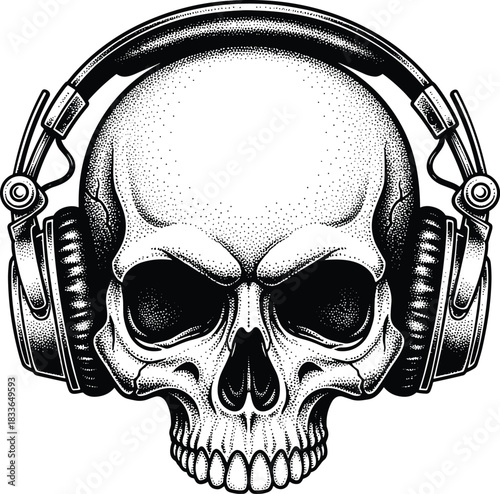 Skull with headphones, music and death, edgy illustration, audio culture, gothic vibe, dark art, punk style, monochrome design, graphic tattoo, alternative aesthetic