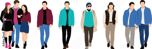 Stylized walking pairs in casual outfits, friendship illustration, fashion diversity, social interaction, character design, urban lifestyle concept
