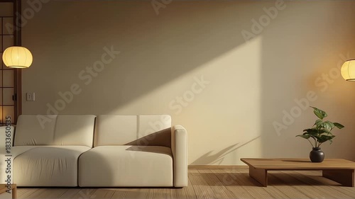 minimal interior design room with sofa, low table, Decoration plant and japan style design Hanging lamp light in wall.3D rendering interior design. Modern living room Japanese style.3D rendering
