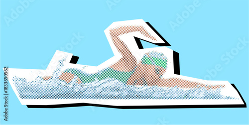 Swimming Halftone Dotted Collage Element Pointillize in Paper Torn Vector Ideal for water sports, fitness, aquatic activities, and abstract athletic graphics.