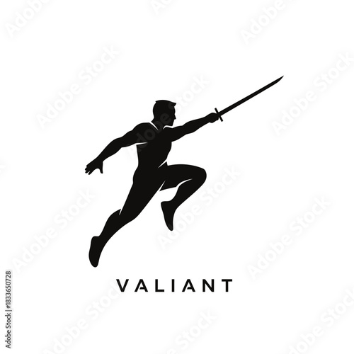 Silhouette of a valiant warrior leaping forward with a raised sword vector template design