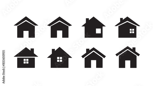 Collection of Symbolic Houses Representing Home, Architecture, and Security Concepts: Set of Eight Black and White Silhouette