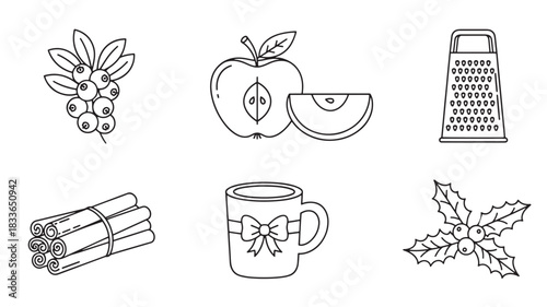 Festive Winter Drink Ingredients and Decorations Line Art Including Cranberries Apples Cinnamon and Holly Berries for Holiday Season