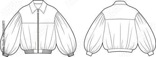 Cad drawing flat vector illustration, balloon sleeve jacket technical sketch, front and back view, fashion template, garment construction detail