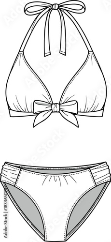 CAD drawing flat vector illustration, bikini swimwear front back view, fashion garment technical sketch, clothing outline design template, swimsuit pattern graphic
