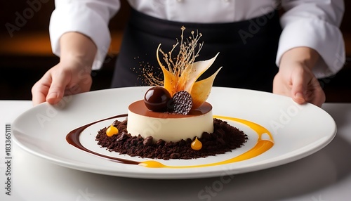 Chef presenting a gourmet dessert on a white plate. Fine dining concept for restaurant menu or culinary blog. Delicious pastry art.