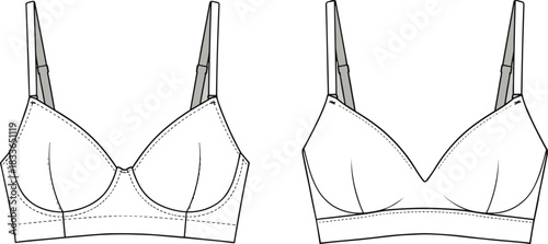 Cad drawing flat vector illustration, bra front view technical sketch, lingerie design template, adjustable strap, seam detail, fashion garment