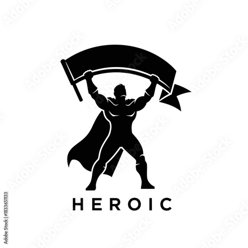 Silhouette of a muscular superhero holding a large banner vector template design