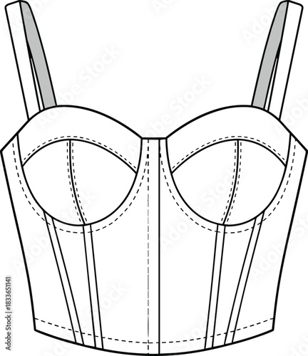 Cad drawing flat vector illustration, bustier top front view, fashion technical sketch, underwire detail, structured garment design, shoulder straps