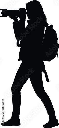 Silhouette of Photographer with Camera in Action, Walking with Backpack