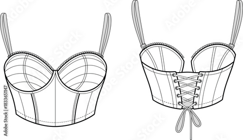 Cad drawing flat vector illustration, bustier corset fashion design, technical garment sketch, structured top front back view
