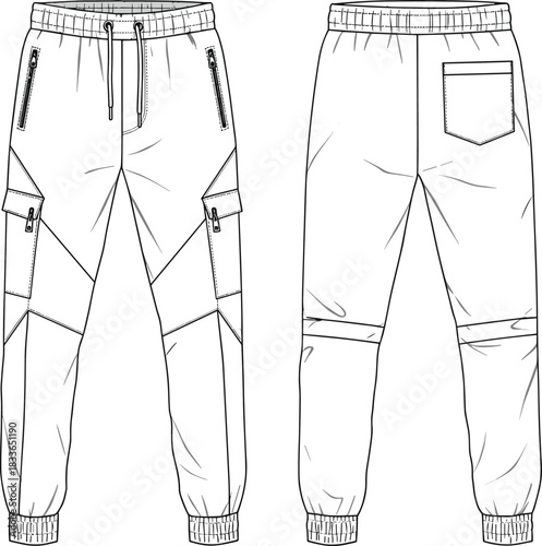 cad drawing flat vector illustration, cargo jogger pants front back view, fashion sketch, technical garment design, zipper pockets, panel seams