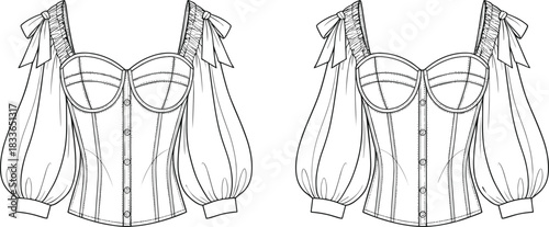 Cad drawing flat vector illustration, corset blouse fashion sketch, puff sleeve design, sweetheart neckline, garment construction, front view template