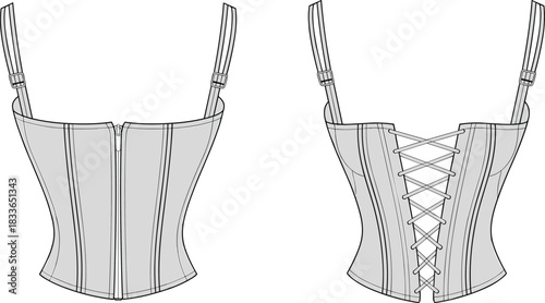 Cad drawing flat vector illustration, corset top fashion design, technical garment sketch, zipper lace up back view