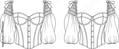 Cad drawing flat vector illustration, corset top fashion sketch, puff sleeve design, sweetheart neckline, garment construction, front view template