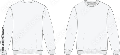 Cad drawing flat vector illustration, crewneck sweatshirt front back view, fashion design template, technical sketch, garment mockup, apparel outline